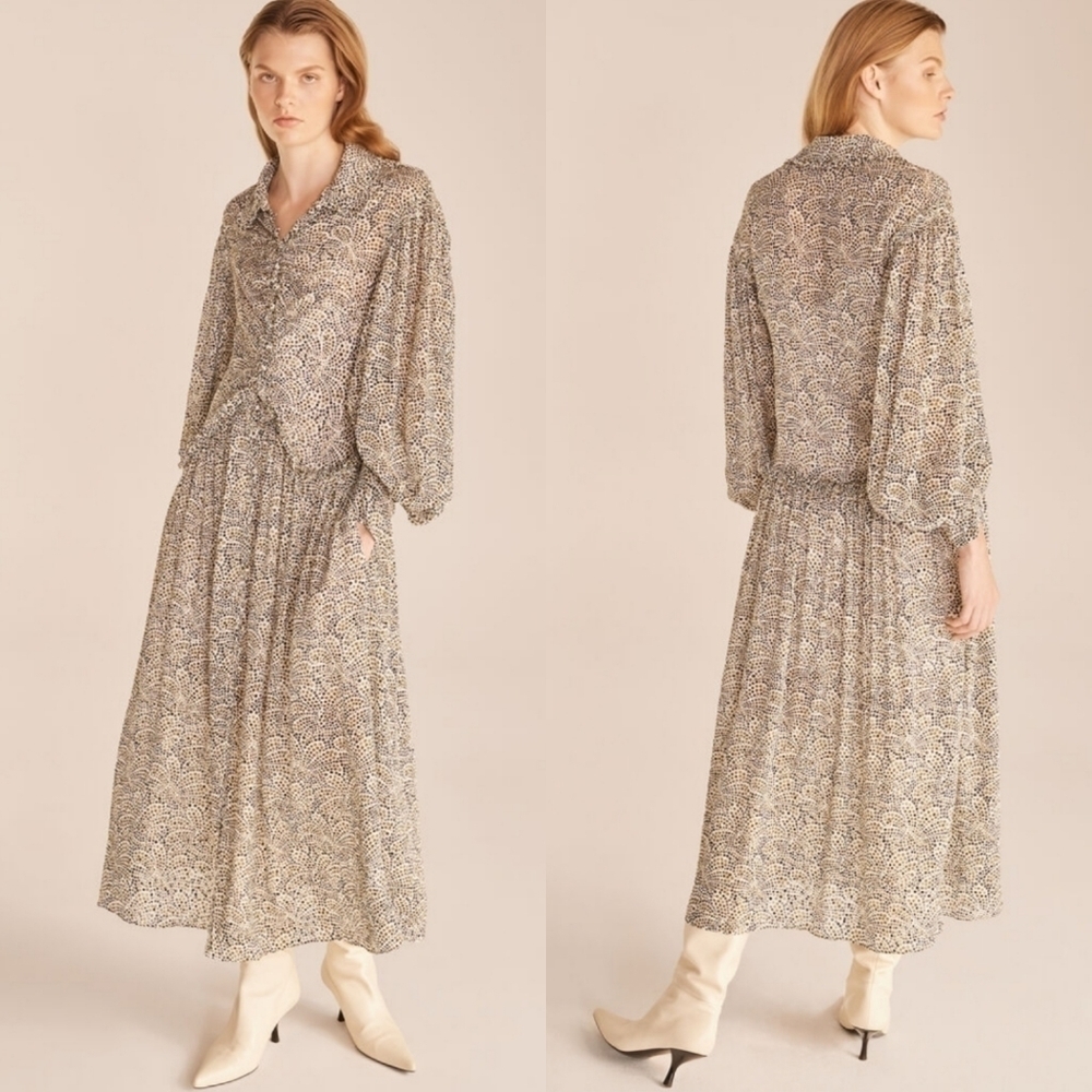 New Rebecca Taylor Speckled Fleur Ruffle Front Shirt Midi Dress NWT Size 8